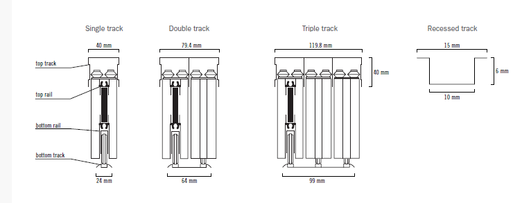 Diagram showing different track configurations: single, double, triple, and recessed, with specific measurements for each track width and height.