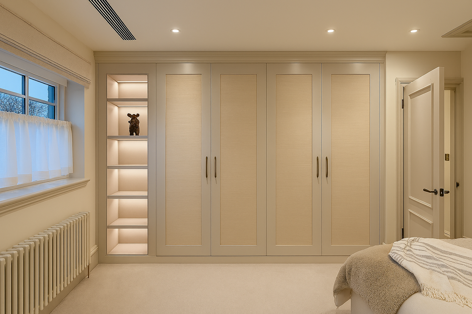 A bedroom with a built-in wardrobe, a window with white curtains, and a small shelf with a decorative figure. Part of a bed with a blanket is visible in the foreground.