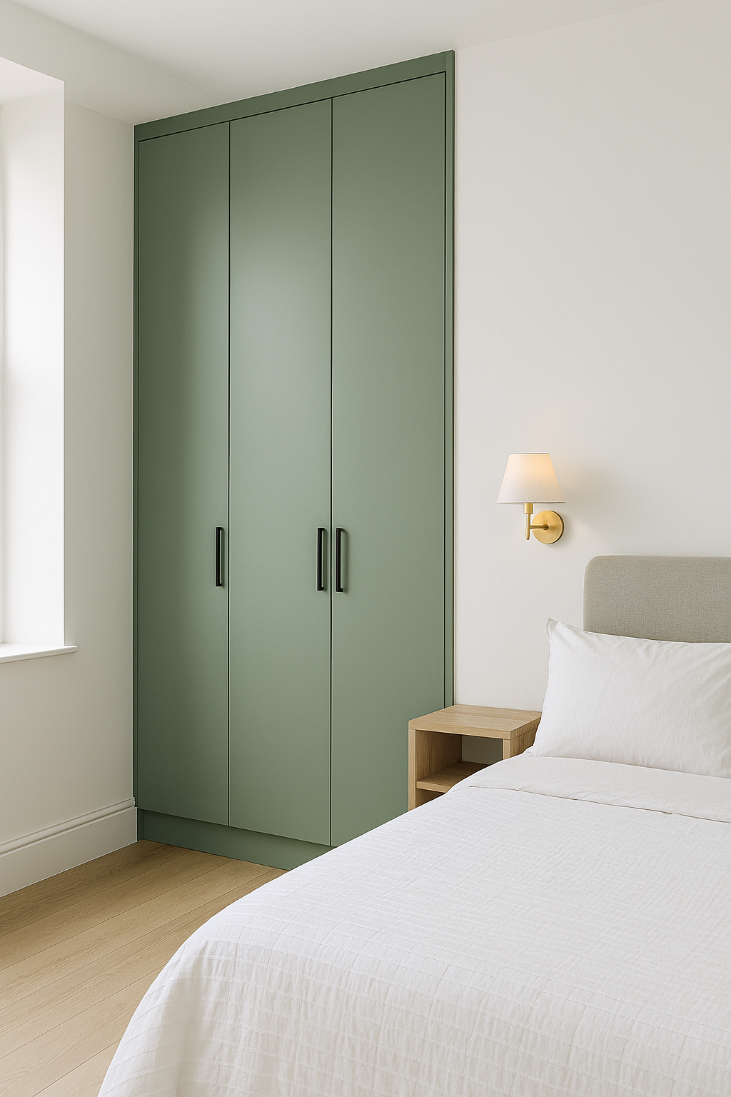 A bedroom with a green closet, a bedside lamp, a small wooden nightstand, and part of a bed with white bedding and a beige headboard.