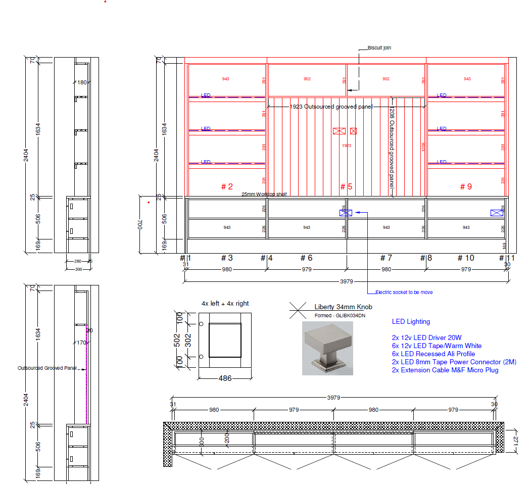 Technical drawing of a furniture or cabinet design with dimensions, shelves, panels, electrical components, and a label for LED lighting and components.