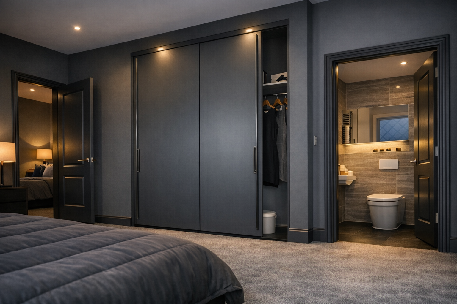 A bedroom with a dark-colored bed, side table, and lamps. A closet with sliding doors shows hanging clothes and a small trash bin. An open door reveals a modern bathroom with gray tiles, a toilet, and a mirror.