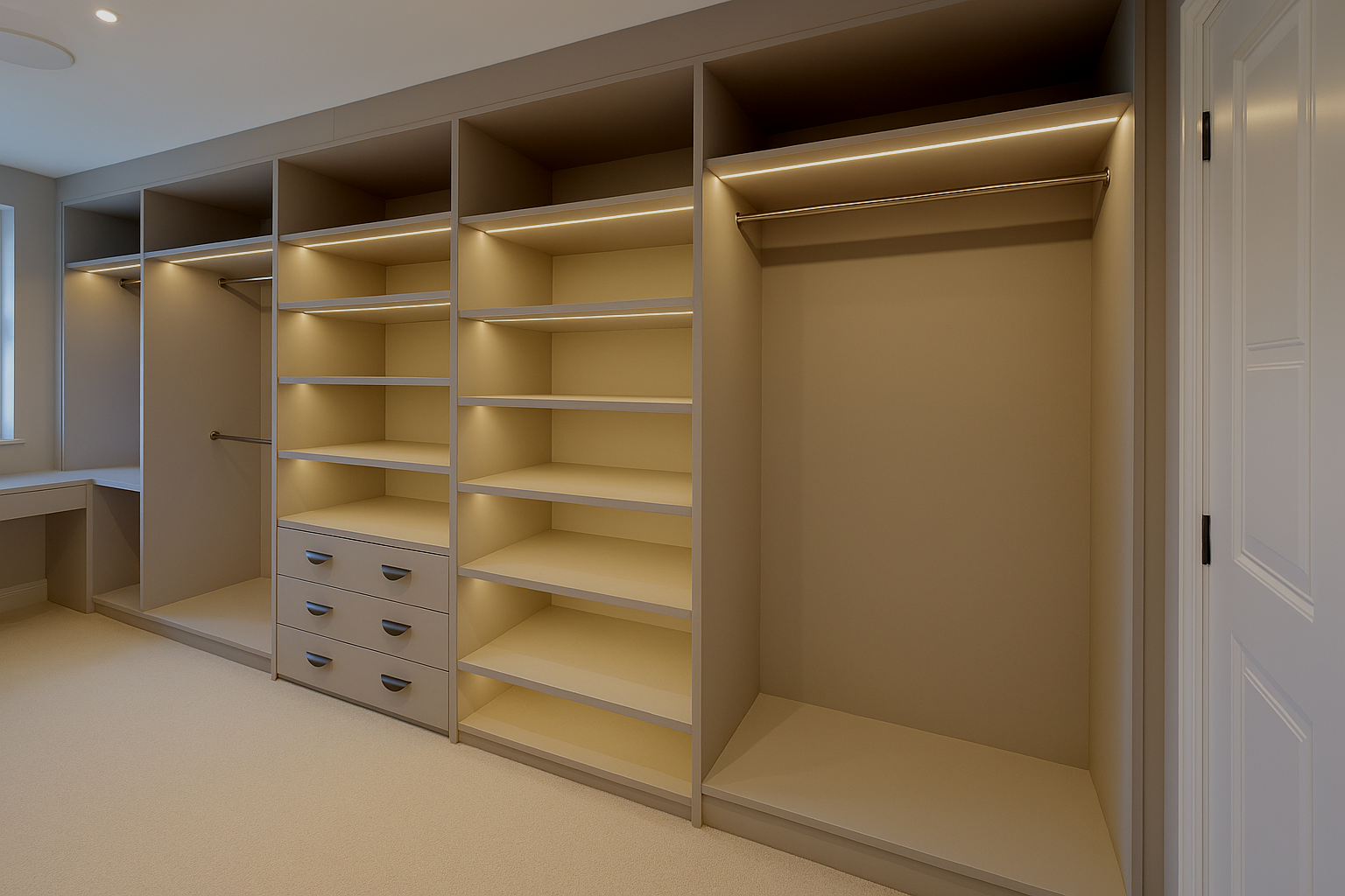 Empty walk-in closet with built-in beige shelving, drawers, and hanging rods, illuminated by LED lights, with a small window on the left and closed white door on the right.