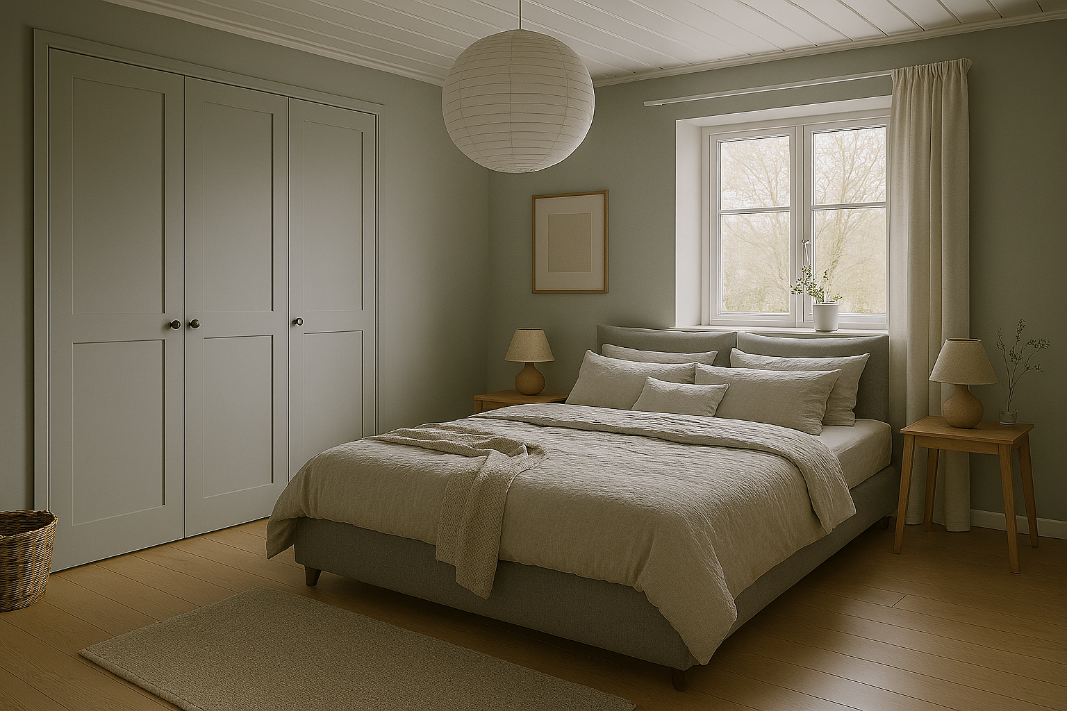 A bedroom with a bed, nightstands with lamps, a window with curtains, and a ceiling lamp.