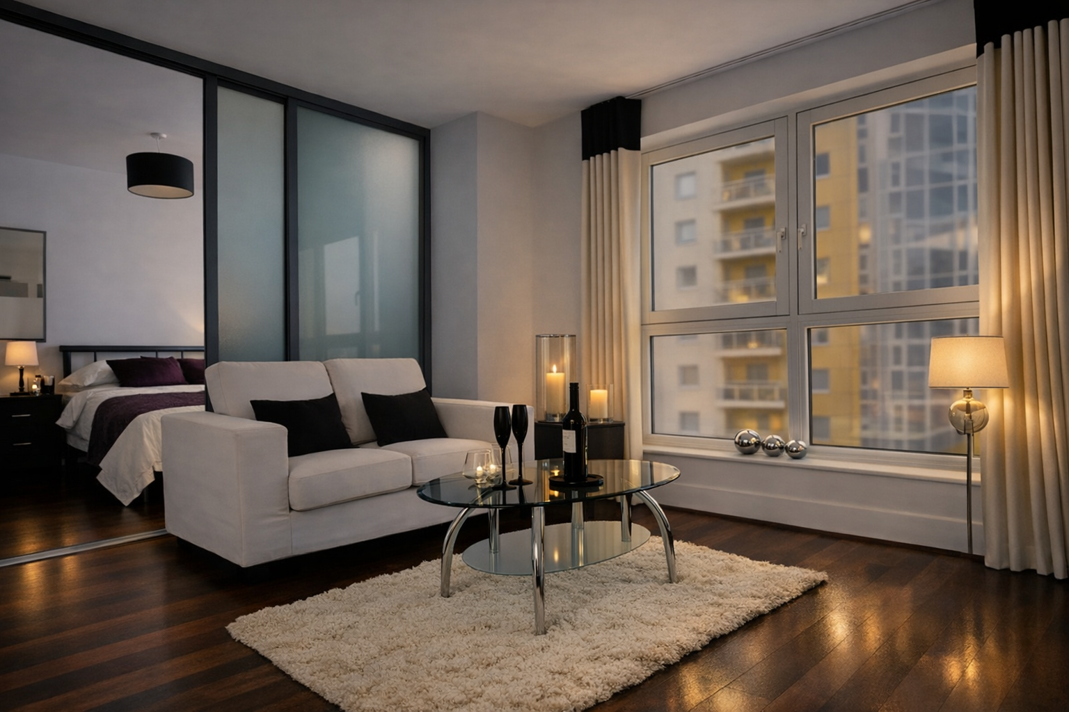 Living room with a white sofa, glass coffee table, large window with curtains, bedroom in the background, candles, and urban city view