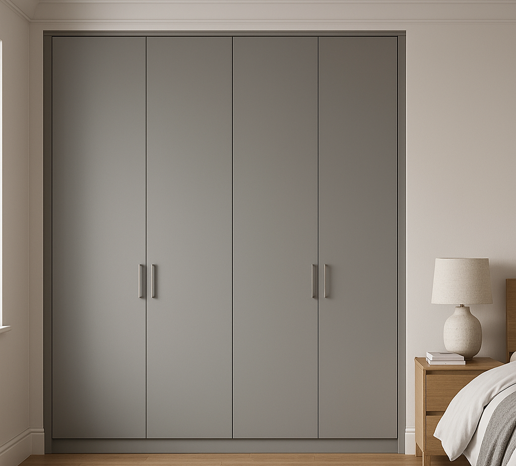 Gray closet doors in a bedroom with a nightstand and table lamp on the right side.