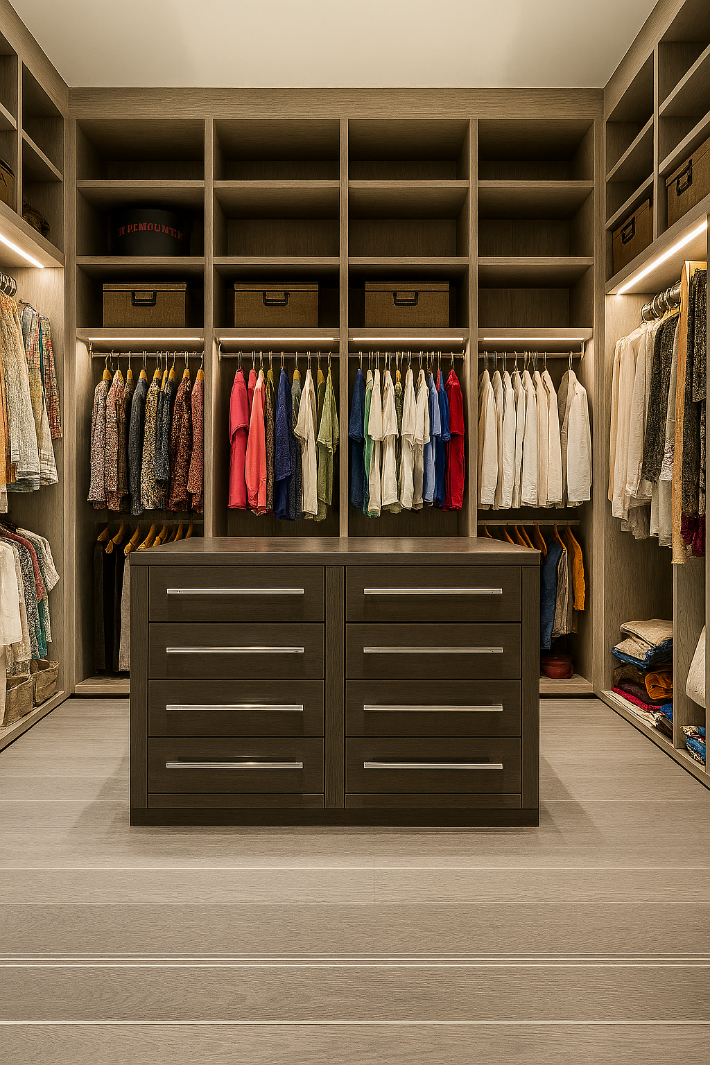 A well-organized walk-in closet with neatly hung shirts and pants, surrounded by shelves and drawers for storage.