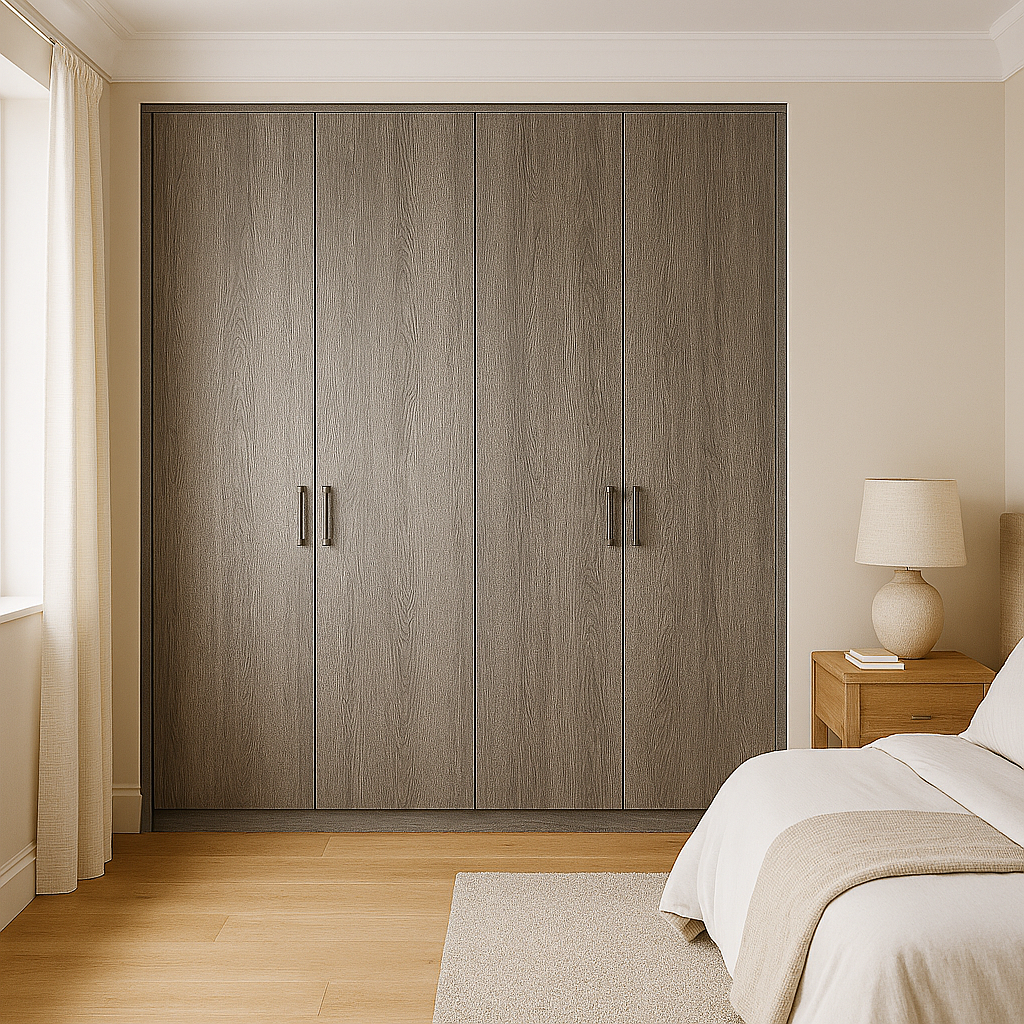A bedroom with a closed four-door wooden wardrobe next to a bed with white bedding and a beige throw. A small wooden nightstand with a beige lamp and a book is beside the bed. Light-colored curtains are on the window, and there is beige and light wood flooring.