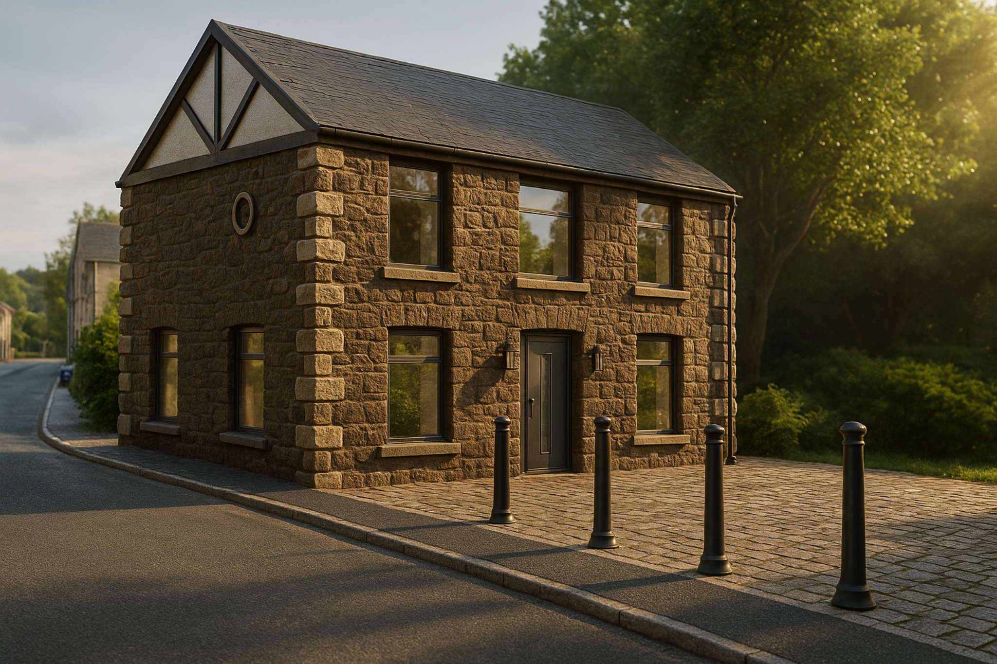 A stone two-story house with a dark roof and black front door on a street, with trees and greenery in the background, during sunset.