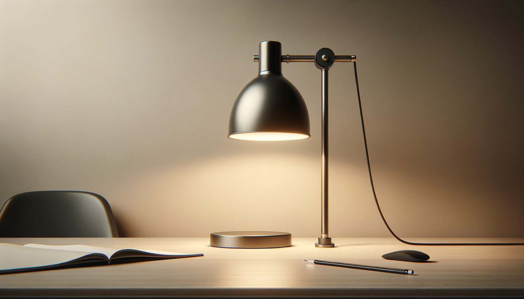 A modern desk with a black chair, an open book, a desktop pen, a black computer mouse, and a sleek black desk lamp with a metallic stand illuminating the area.