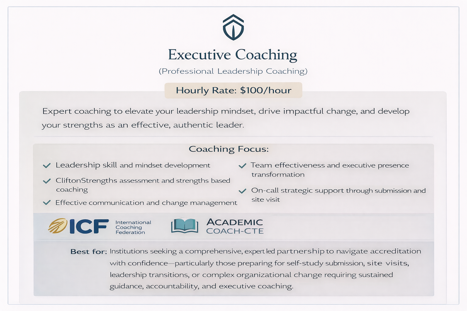 A flyer for executive coaching services offering professional leadership coaching at $100 per hour, focusing on leadership skill development, team effectiveness, communication, and strategic support, with logos of ICF and Academic Coach-CTE.