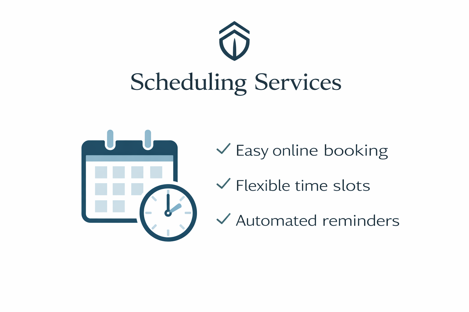 A promotional graphic for scheduling services featuring a calendar and clock icon, with text highlighting easy online booking, flexible time slots, and automated reminders.