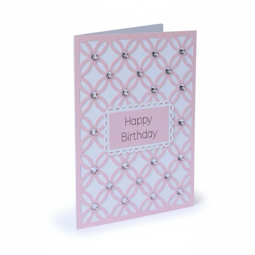 Handmade A5 Birthday Card | Pink Lattice Design with Gems | Personalised Message | Send Direct