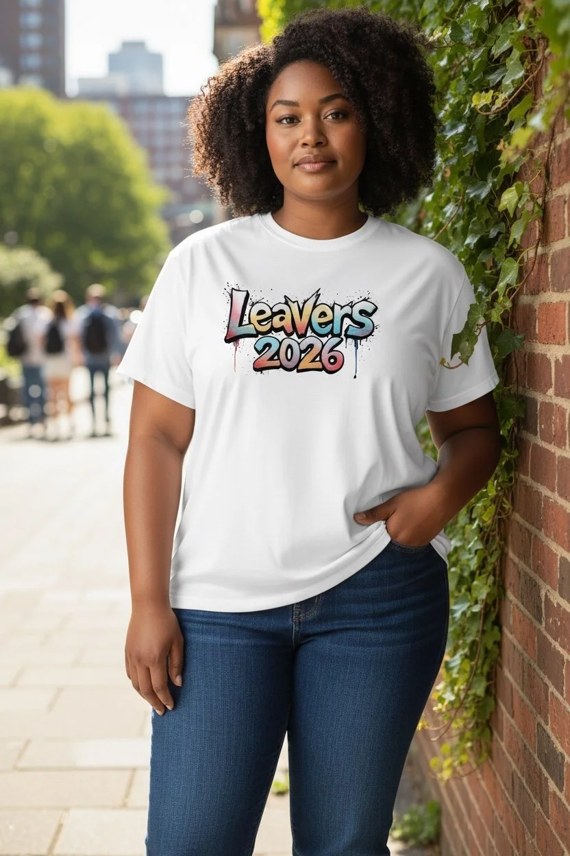 “White T‑shirt with colourful gradient graffiti ‘Leavers 2026’ text featuring dripping paint and speckle details.”
