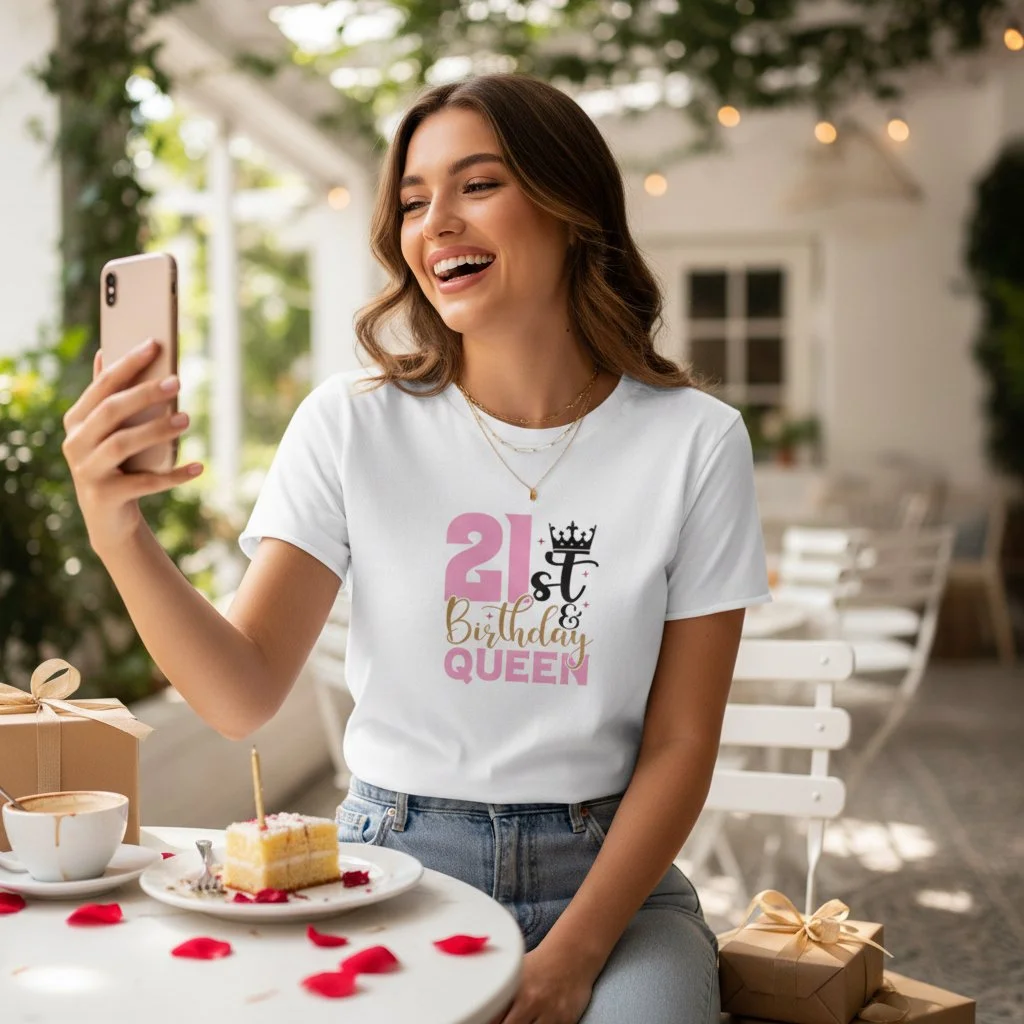 21st Birthday T-Shirt for Women | Colourful “Birthday Queen” Crown Design