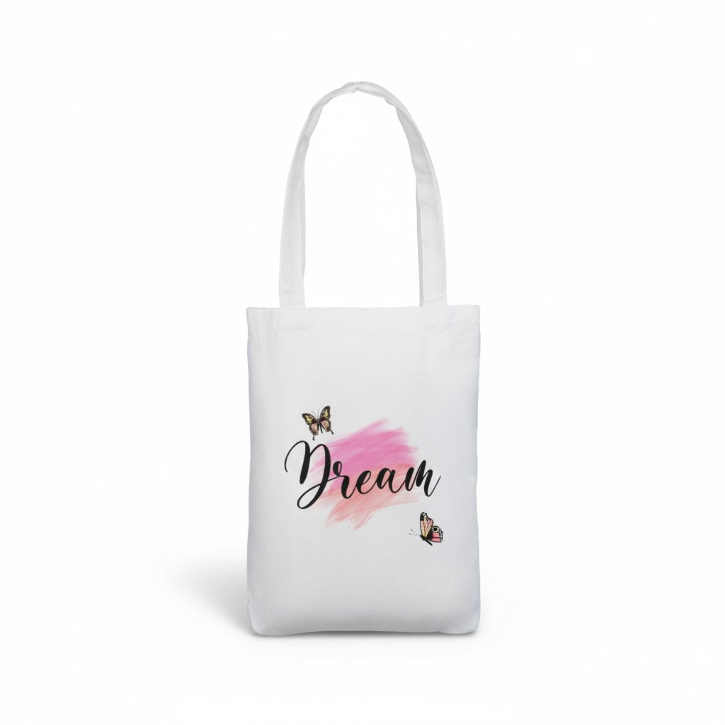 White tote bag with the word ‘Dream’ in flowing script over a pink brushstroke, accented with two delicate butterflies.