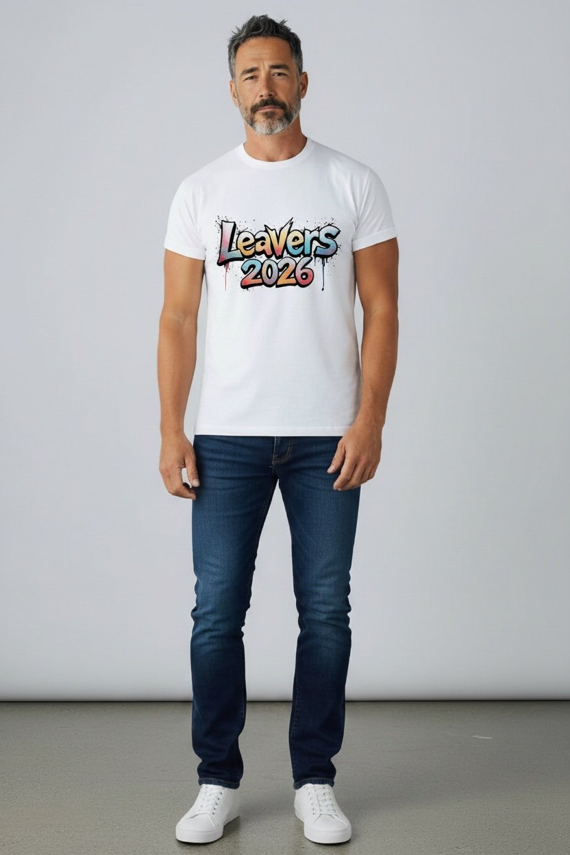 “White T‑shirt with colourful gradient graffiti ‘Leavers 2026’ text featuring dripping paint and speckle details.”