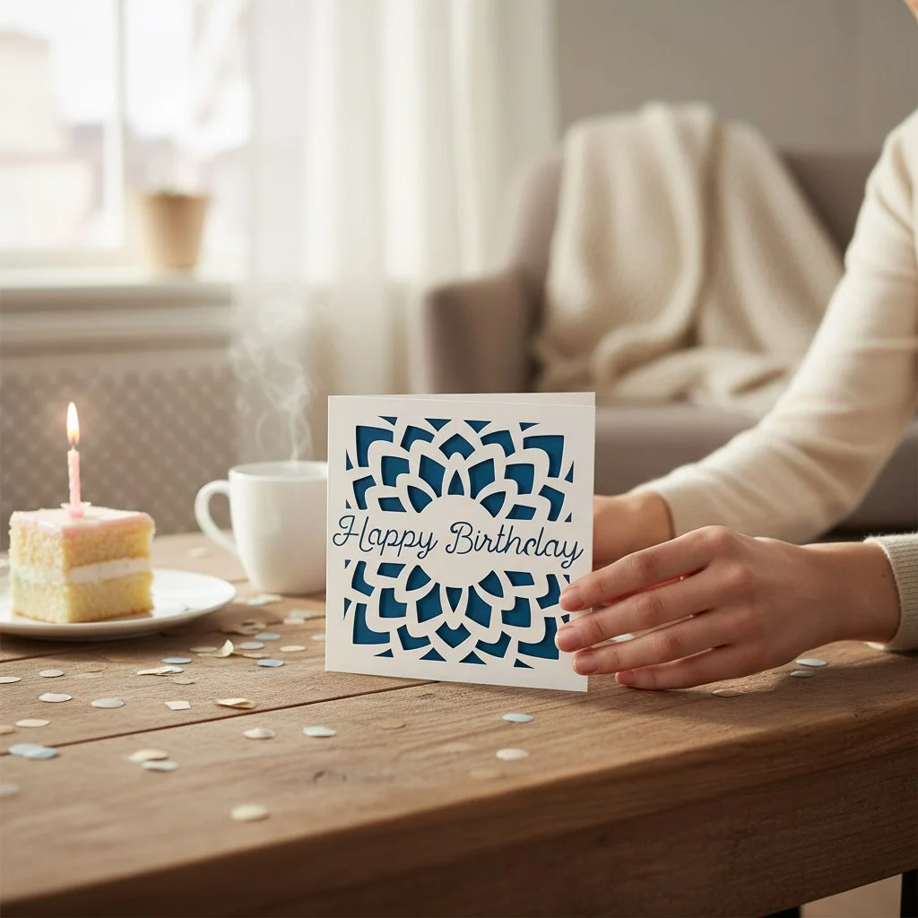 lHandmade birthday card with an intricate white cut‑out design over a blue background and a central ‘Happy Birthday’ message.”