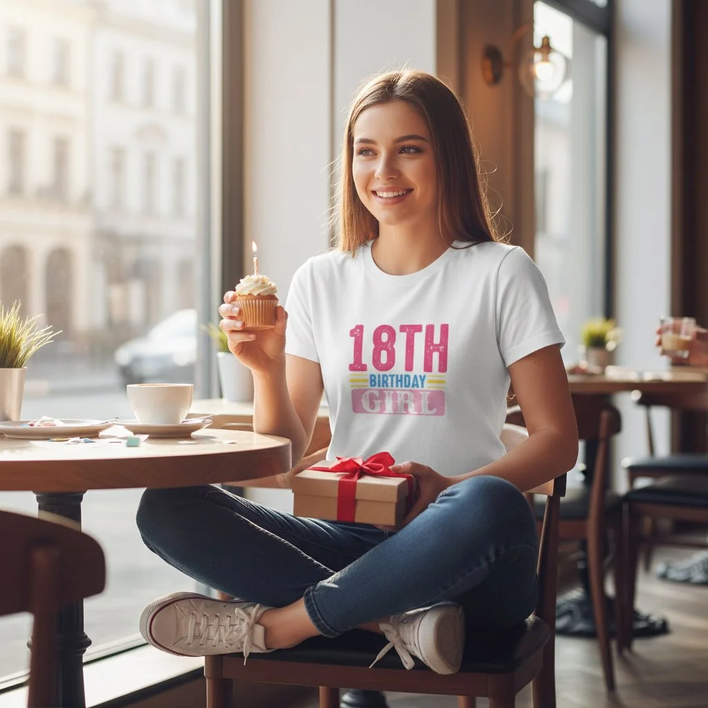 A young woman sitting in a cosy living room, smiling and holding a gift box while wearing a white “18th Birthday Girl” T‑shirt.