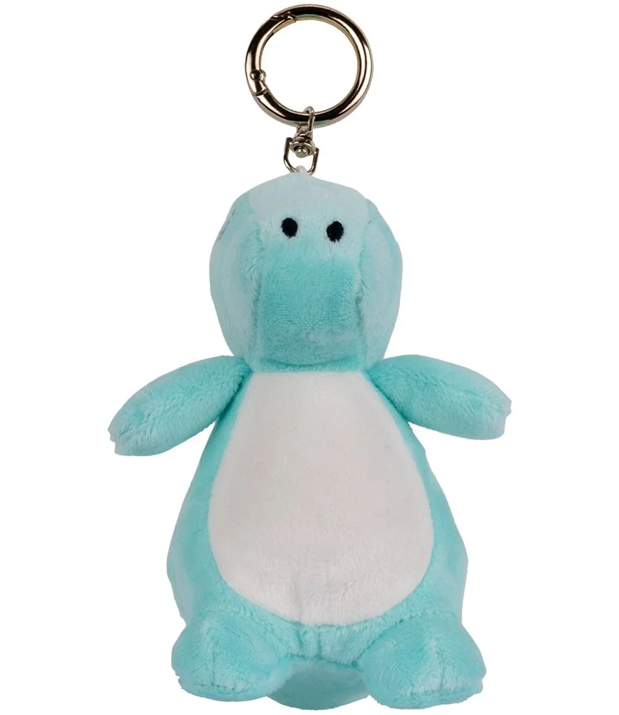A light blue dinosaur plush key ring with a white belly, simple embroidered features and a metal keychain attachment.