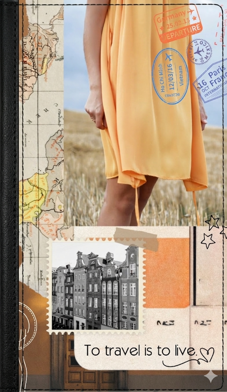 Passport cover with a travel‑themed collage featuring global stamps, a flowing yellow dress, vintage maps and architectural postcards with the phrase ‘To travel is to live’.