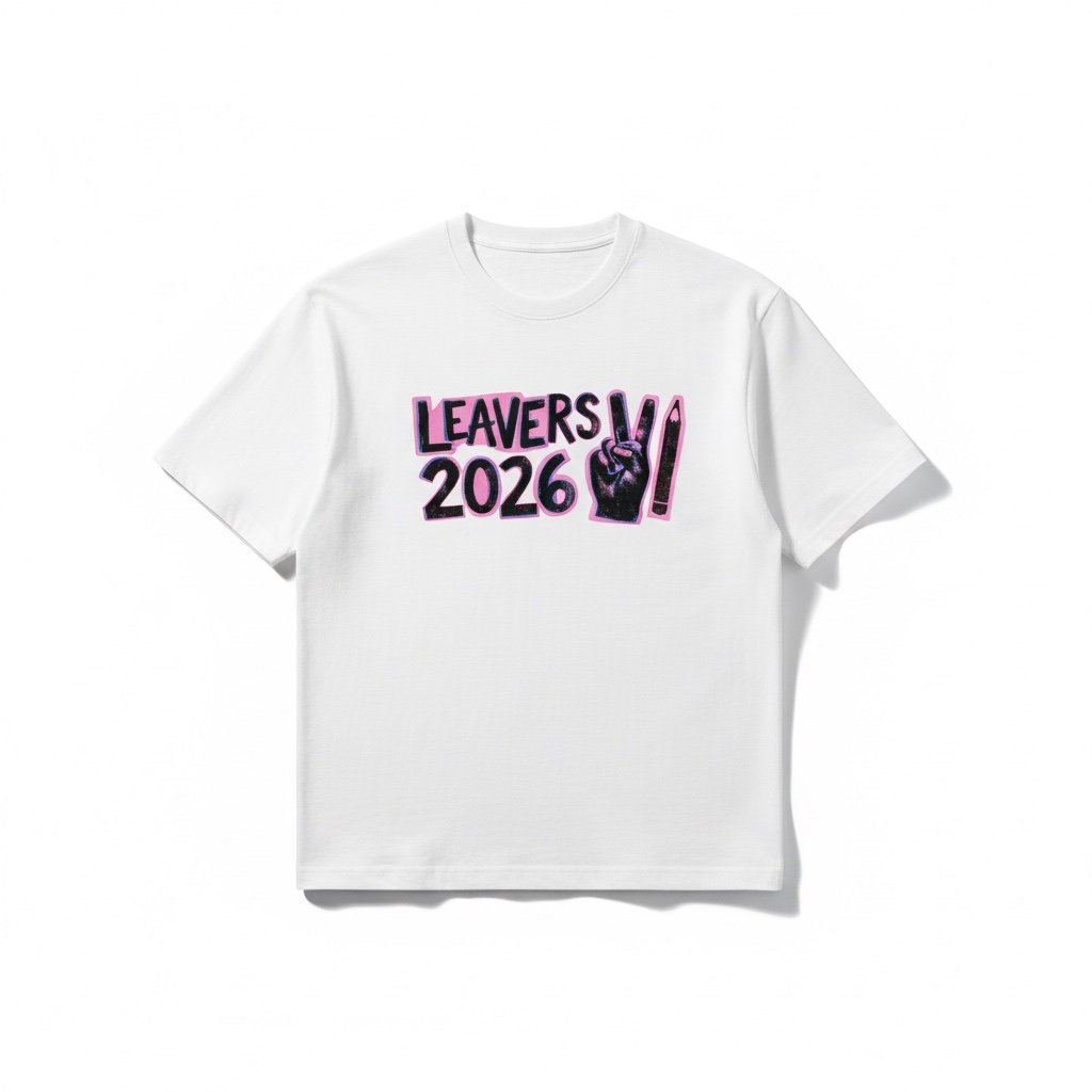 White T‑shirt with bold ‘Leavers 2026’ text and pink‑outlined peace‑sign graphic printed on the front.”