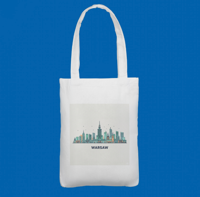 A white tote bag printed with a colourful skyline of Warsaw’s iconic buildings. A stylish keepsake for Poland enthusiasts.