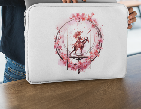 Laptop sleeve featuring an artistic Sagittarius illustration with flowing hair and celestial florals.
