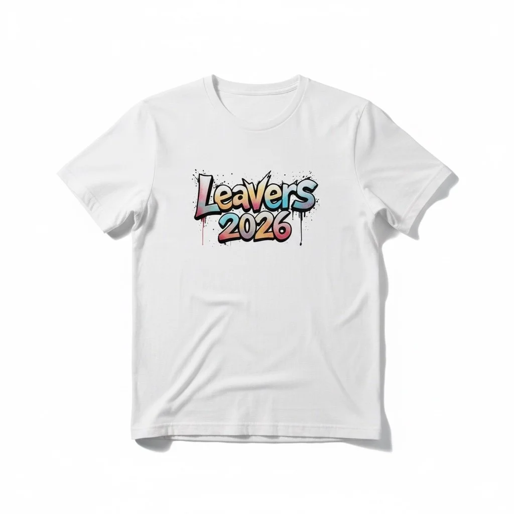 “White T‑shirt with colourful gradient graffiti ‘Leavers 2026’ text featuring dripping paint and speckle details.”
