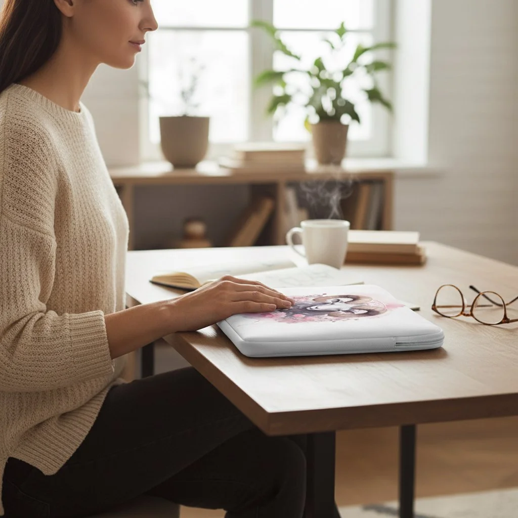 Laptop sleeve featuring an artistic Aries illustration with flowing hair and floral accents.