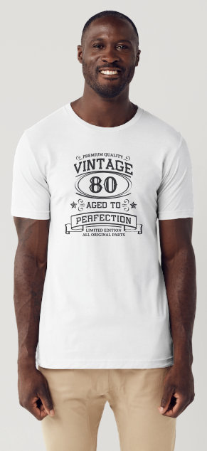 80th birthday T‑shirt with vintage typography reading “Premium Quality Vintage 80 Aged to Perfection,” novelty birthday gift shirt.