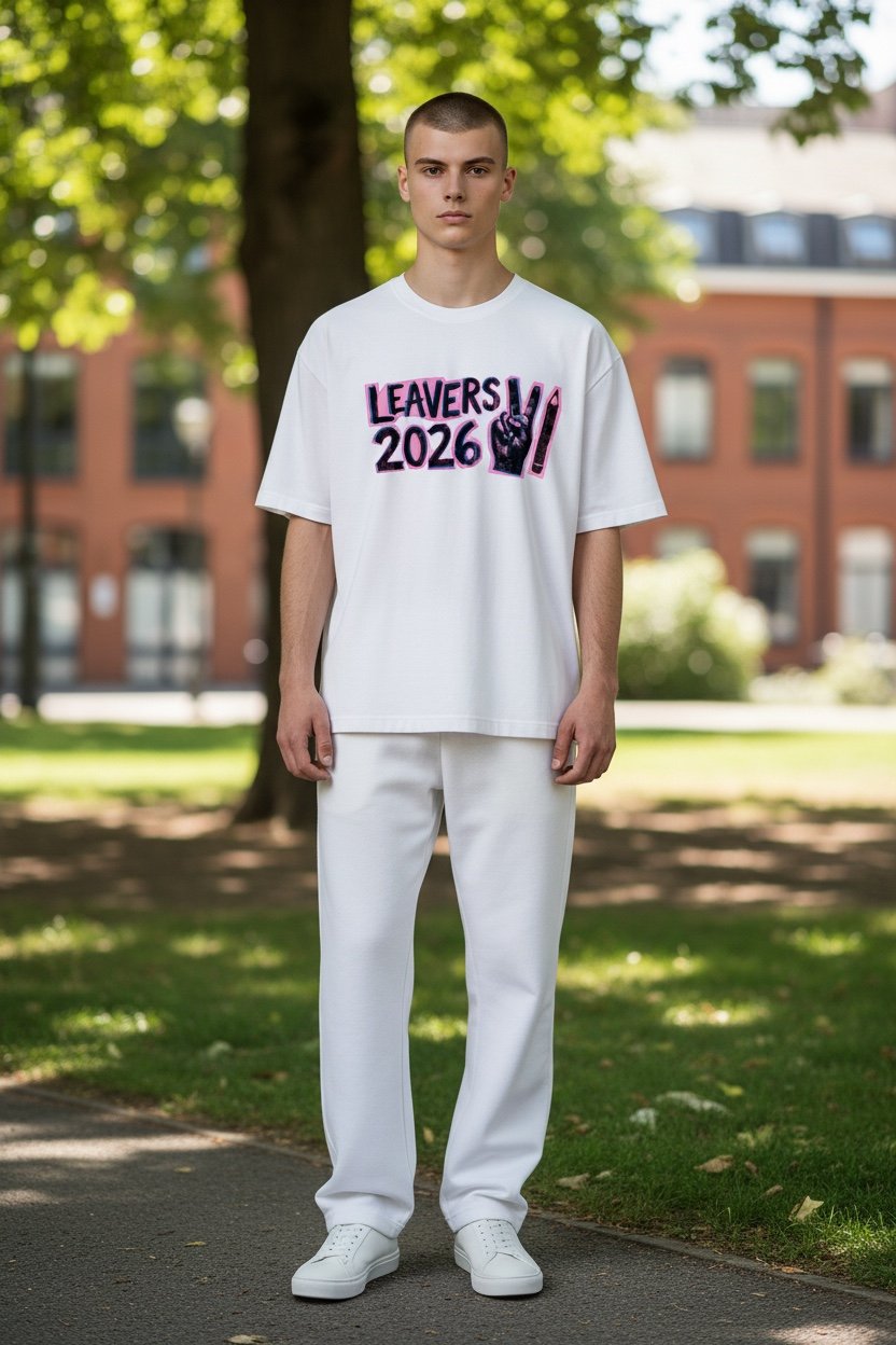 White T‑shirt with bold ‘Leavers 2026’ text and pink‑outlined peace‑sign graphic printed on the front.”