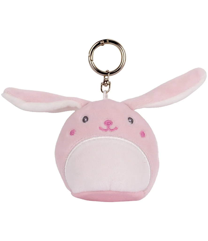 A pink bunny plush key ring with long ears, embroidered eyes, a white lower face and a metal keychain attachment.