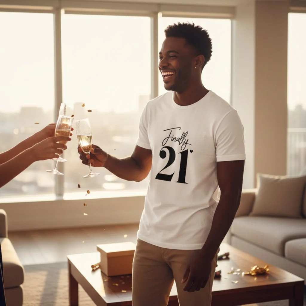 21st birthday celebration in a café with a person wearing a “Finally 21” T‑shirt, chatting with friends in a warm, festive setting.
