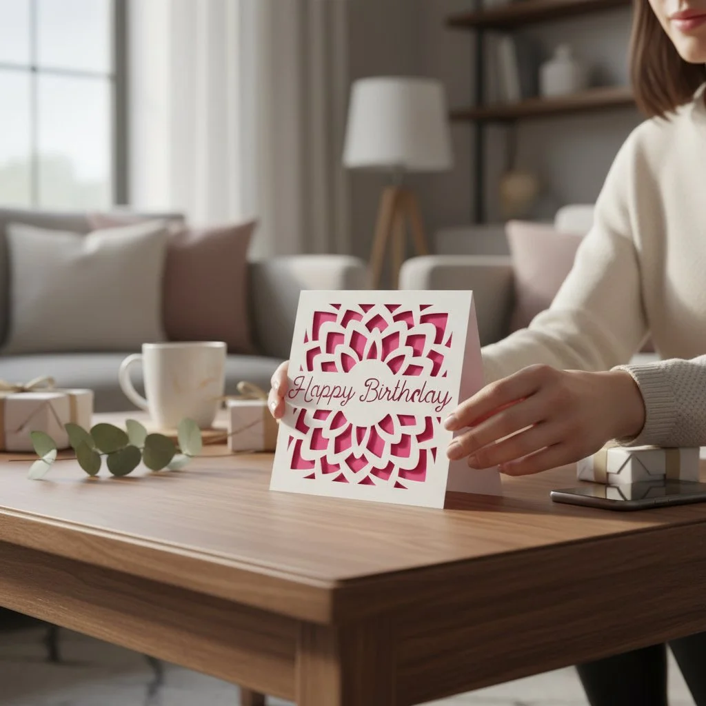 Handmade birthday card with an intricate white cut‑out design over a bright pink background and a central ‘Happy Birthday’ message.”