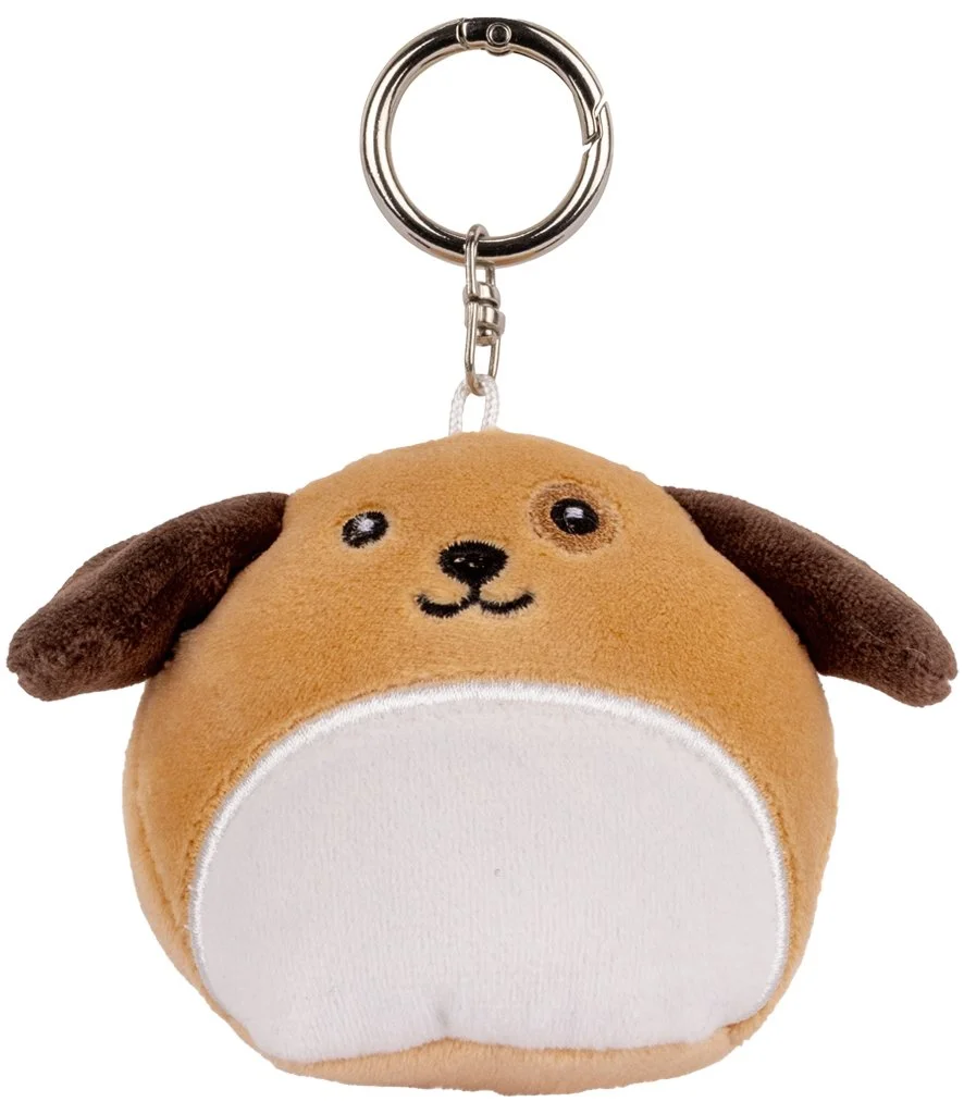 Brown and white dog plush keychain with floppy ears, embroidered face and metal key ring, ideal for bags or keys.