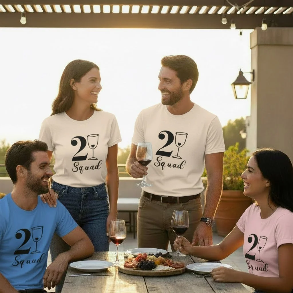 21st birthday celebration photo featuring friends in matching “21 Squad” T‑shirts, holding rosé on a rooftop at sunset.