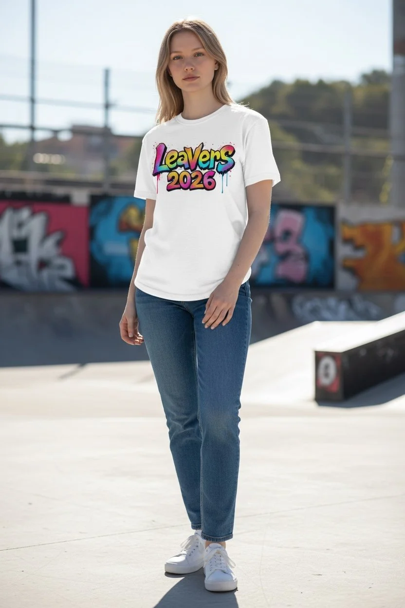 “White T‑shirt with colourful graffiti‑style ‘Leavers 2026’ text featuring dripping paint and splatter details.”