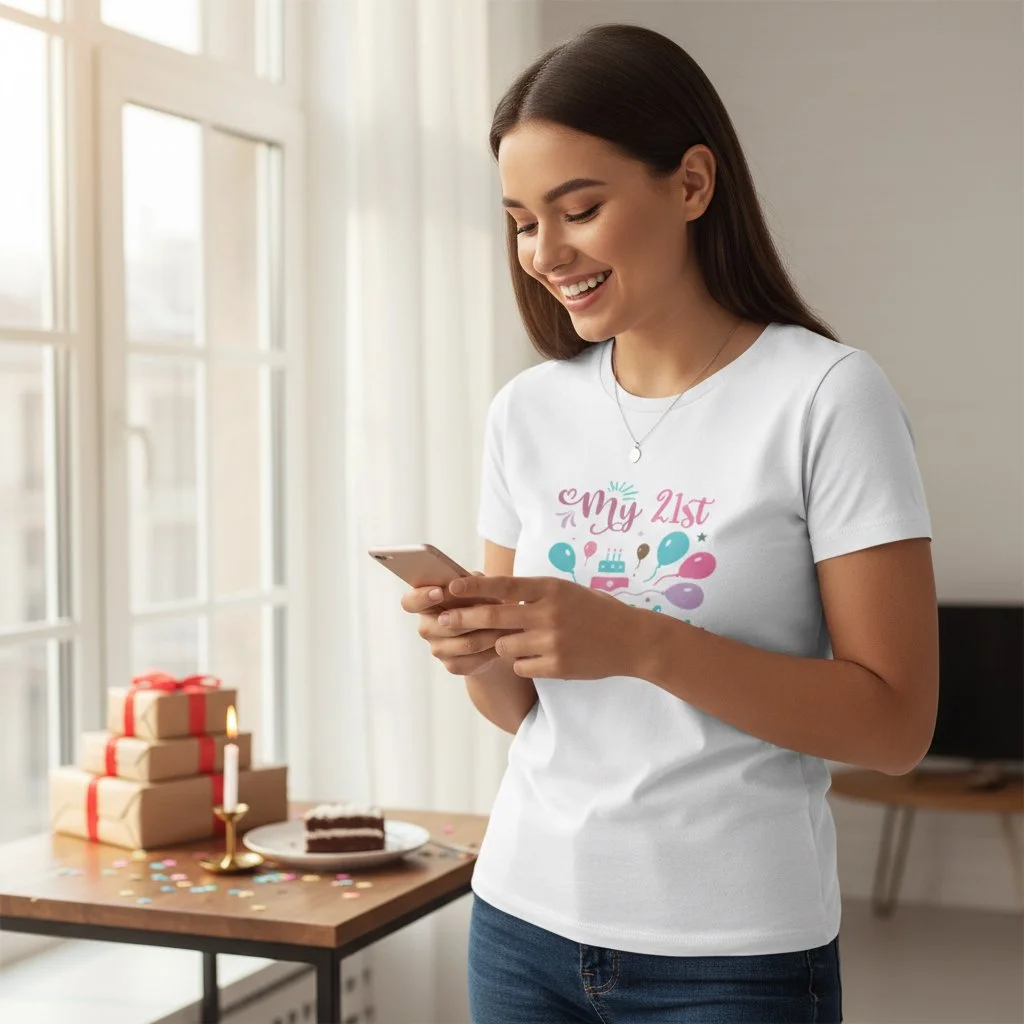 21st Birthday T-Shirt for Women | Colourful Celebration Design with Balloons & Cake