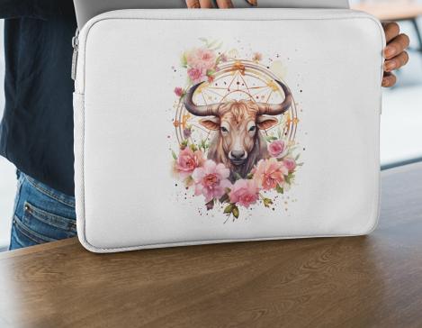 Laptop sleeve featuring an artistic Taurus illustration with floral and celestial accents.