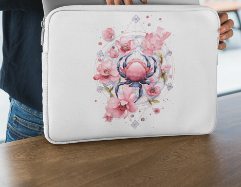 Laptop sleeve featuring an artistic Cancer illustration with flowing hair and ocean‑inspired florals.