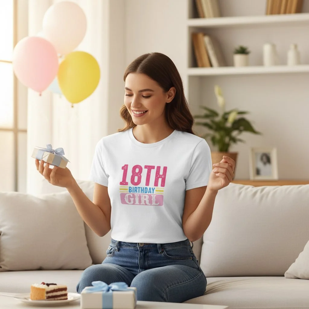 A young woman sitting in a cosy living room, smiling and holding a gift box while wearing a white “18th Birthday Girl” T‑shirt.