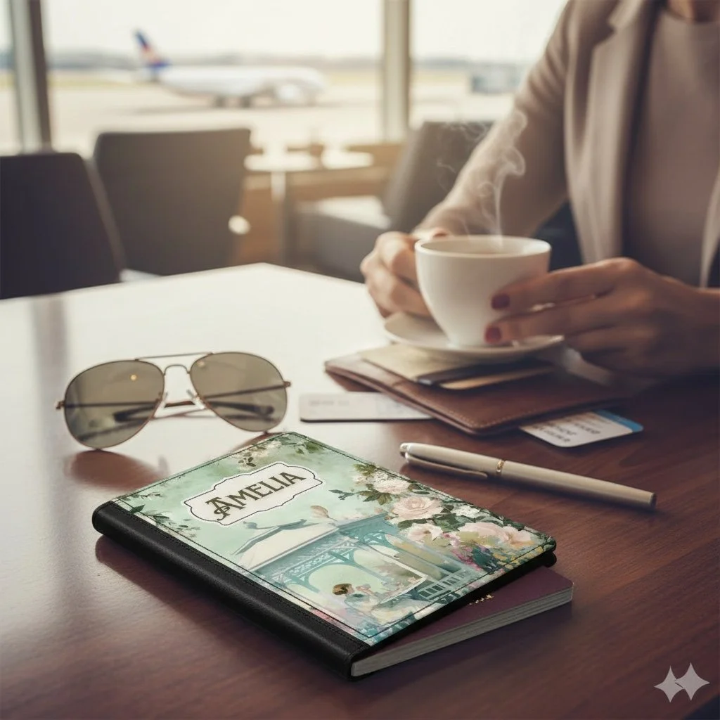 Personalised passport cover with a vintage garden tea room illustration showing a woman enjoying tea inside a blue gazebo surrounded by flowers and greenery, with a custom name label at the top.