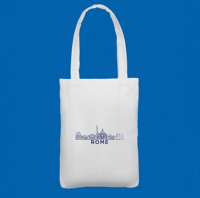 A premium white tote bag featuring a blue minimalist illustration of Rome’s historic skyline. A thoughtful gift for Italy lovers and travellers.