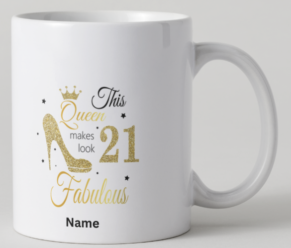 Personalised 21st Birthday Queen Mug | Glamorous Gold Gift with Custom Name