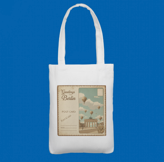 White tote bag featuring a vintage postcard‑style illustration of Berlin with the Brandenburg Gate and colourful hot‑air balloons in the sky.