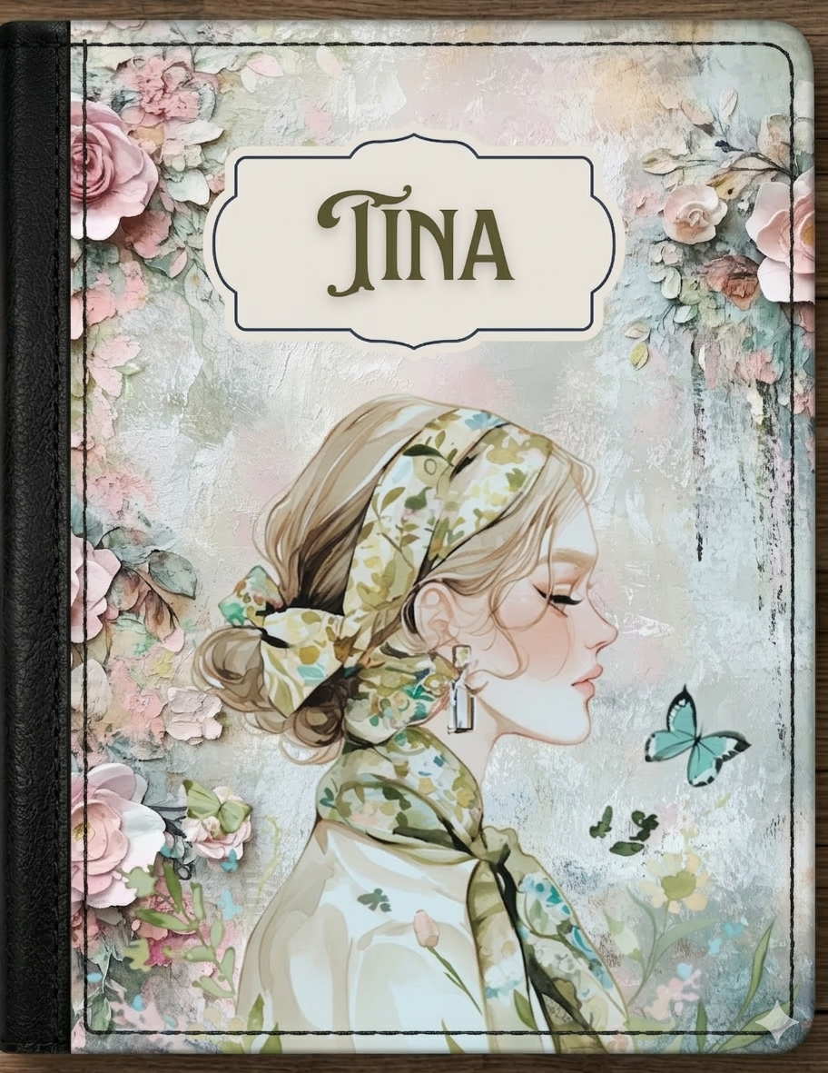 Personalised passport cover with an elegant pastel portrait of a woman wearing a floral headscarf, surrounded by soft flowers and a butterfly, with a custom name label at the top.