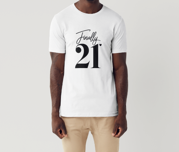 21st birthday celebration in a café with a person wearing a “Finally 21” T‑shirt, chatting with friends in a warm, festive setting.