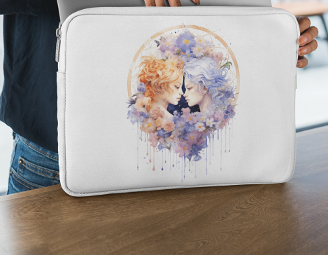 Laptop sleeve featuring an artistic Gemini illustration with dual flowing elements and floral accents.
