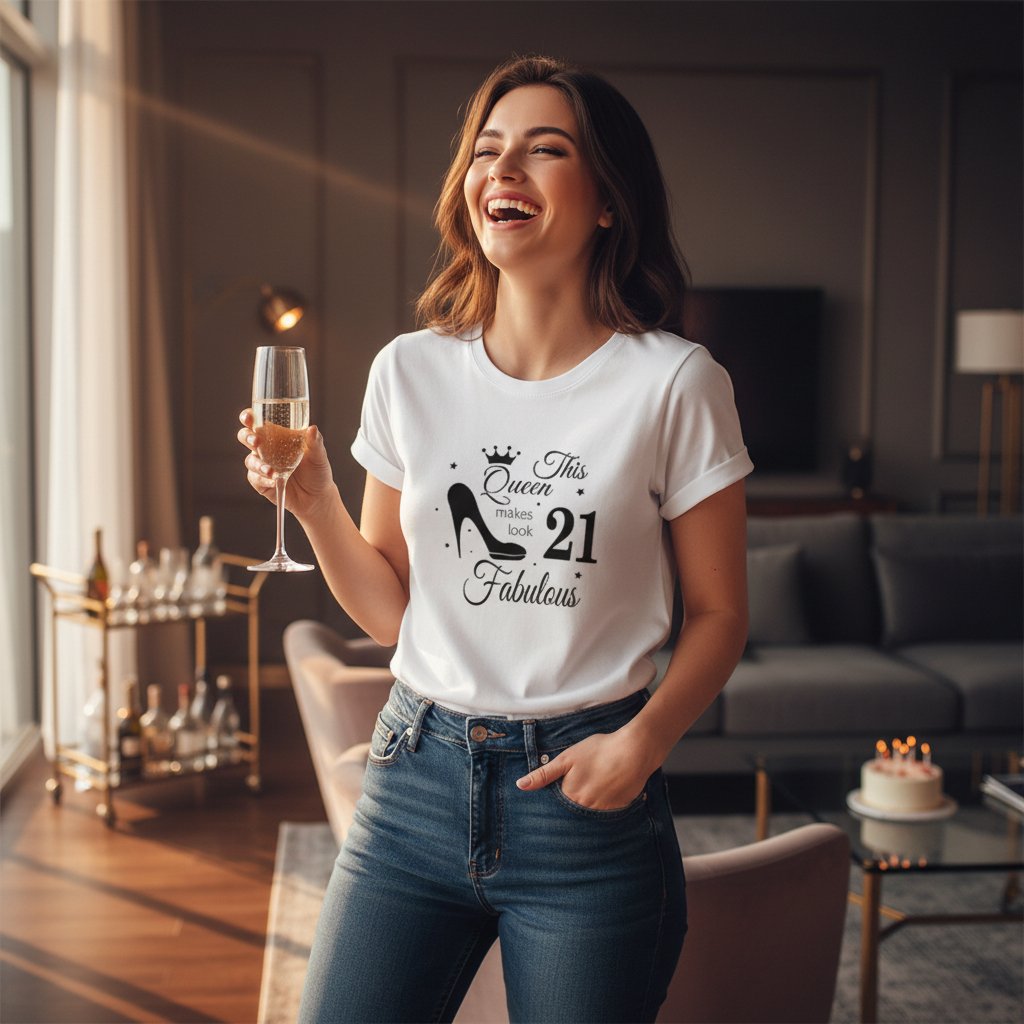 21st Birthday T-Shirt for Women | “Queen Turns 21” Crown & Heel Design