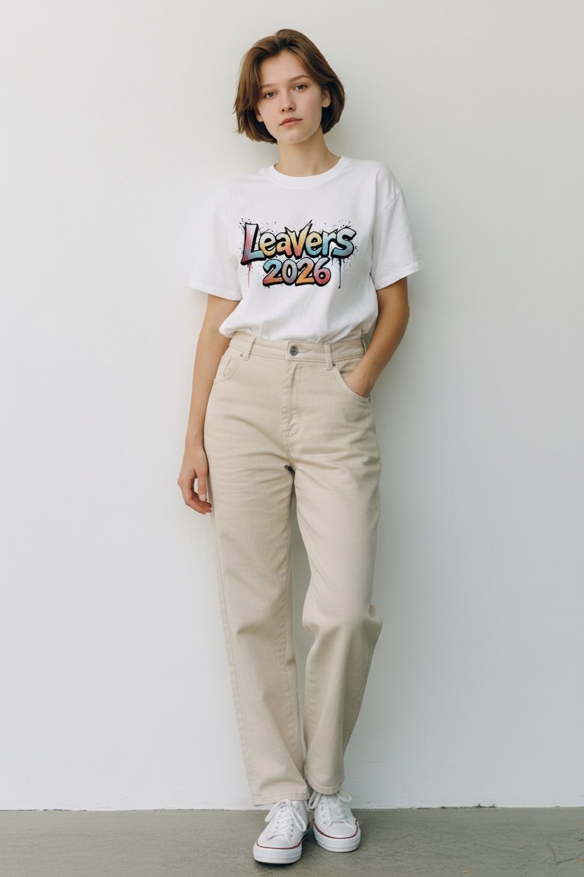 “White T‑shirt with colourful gradient graffiti ‘Leavers 2026’ text featuring dripping paint and speckle details.”